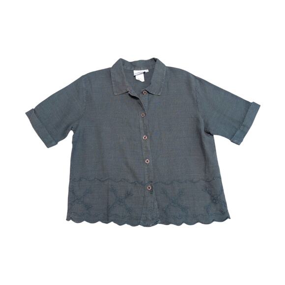 Hot Cotton Marc Ware Linen Button Down Shirt Embroidered Short Sleeve Gray Blue - Picture 1 of 5
